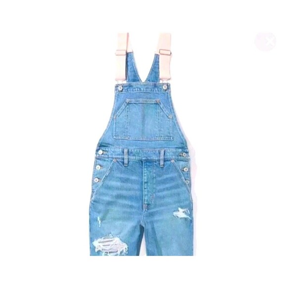 American Eagle 90's Boyfriend Denim Overalls Women's Size L Pink Straps Distress - Picture 1 of 8